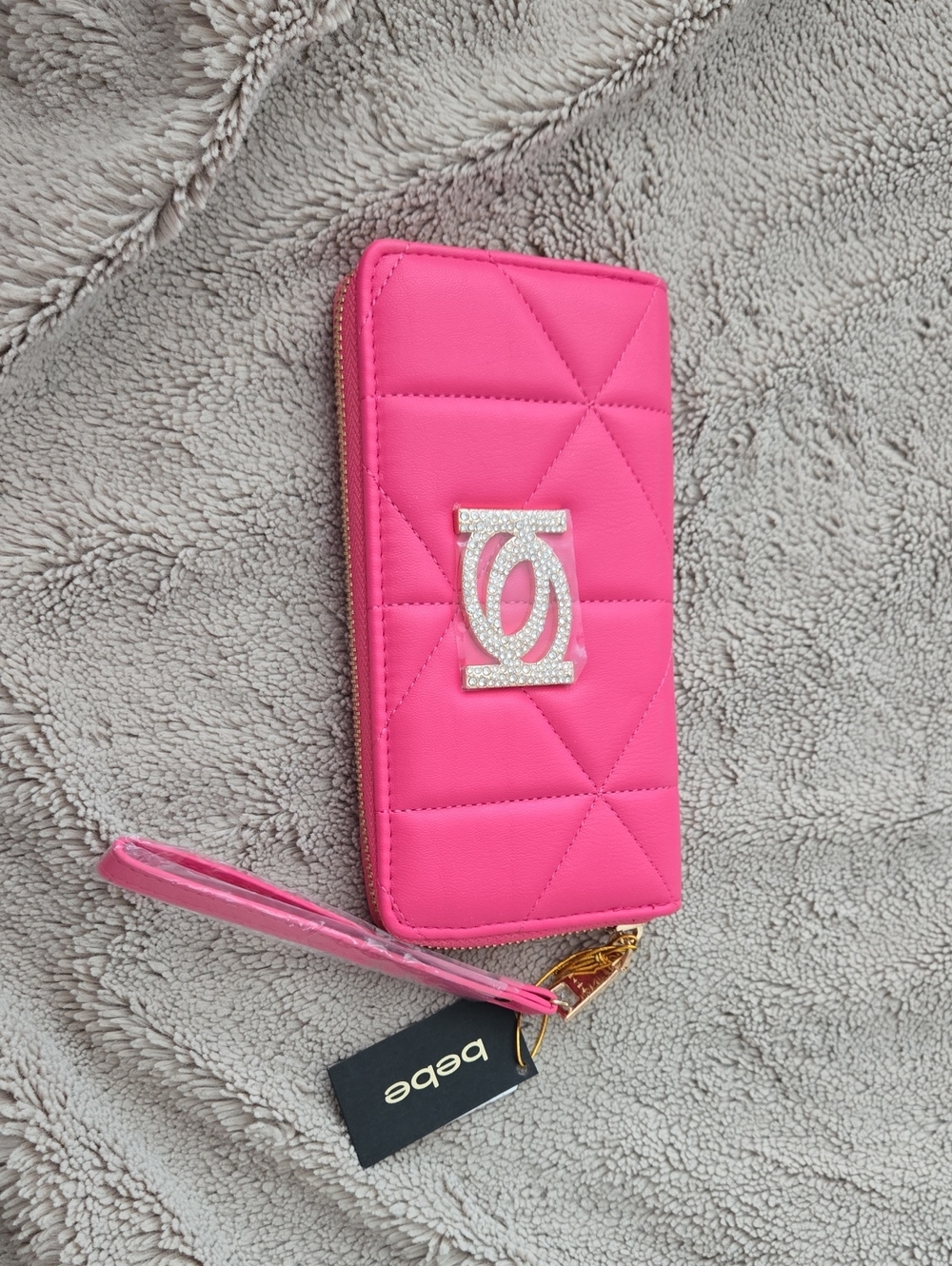 bebe Hot Pink Quilted Zip-Around Wristlet Wallet with Rhinestone Logo